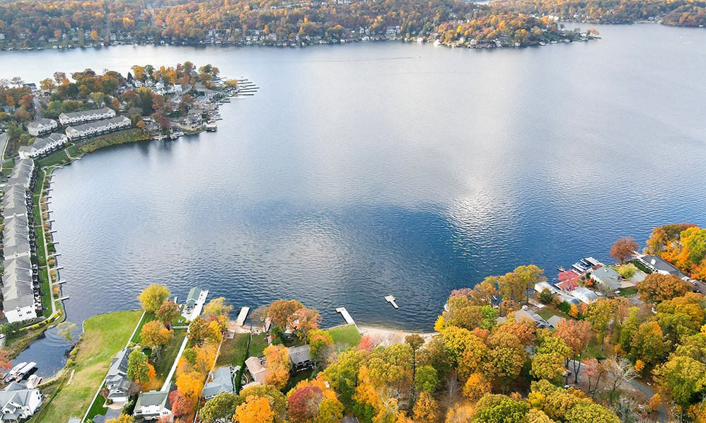 an aerial view of a lake with houses and trees