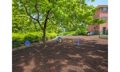 A playground with a blue sign and a tree in the middle.
