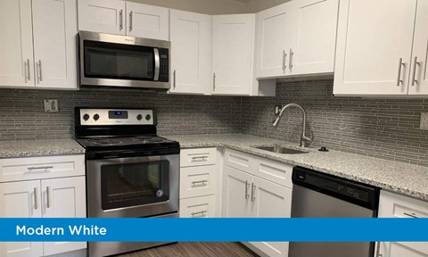 a modern white kitchen with a stove and a sink