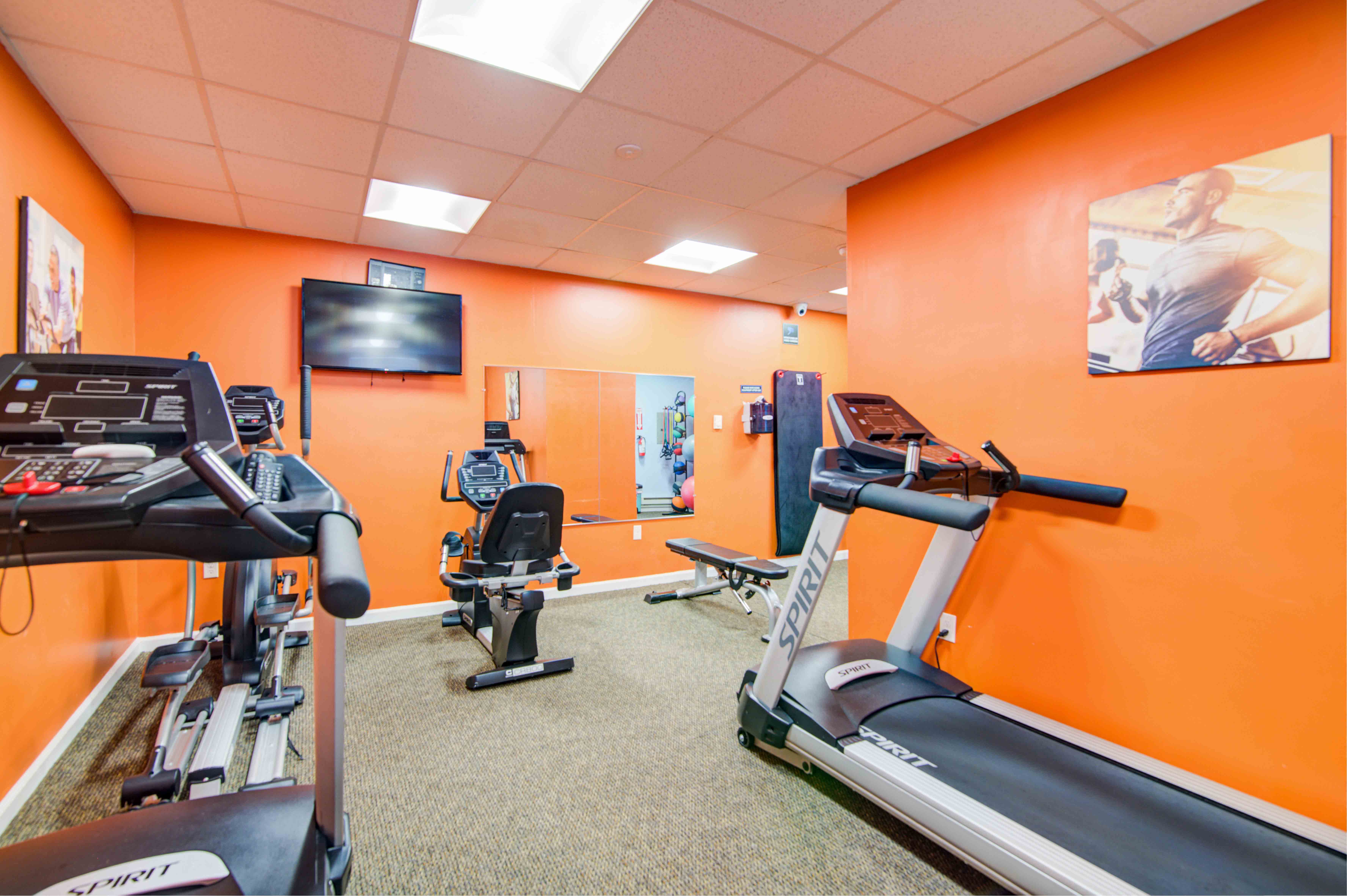 a gym with various exercise machines and a television