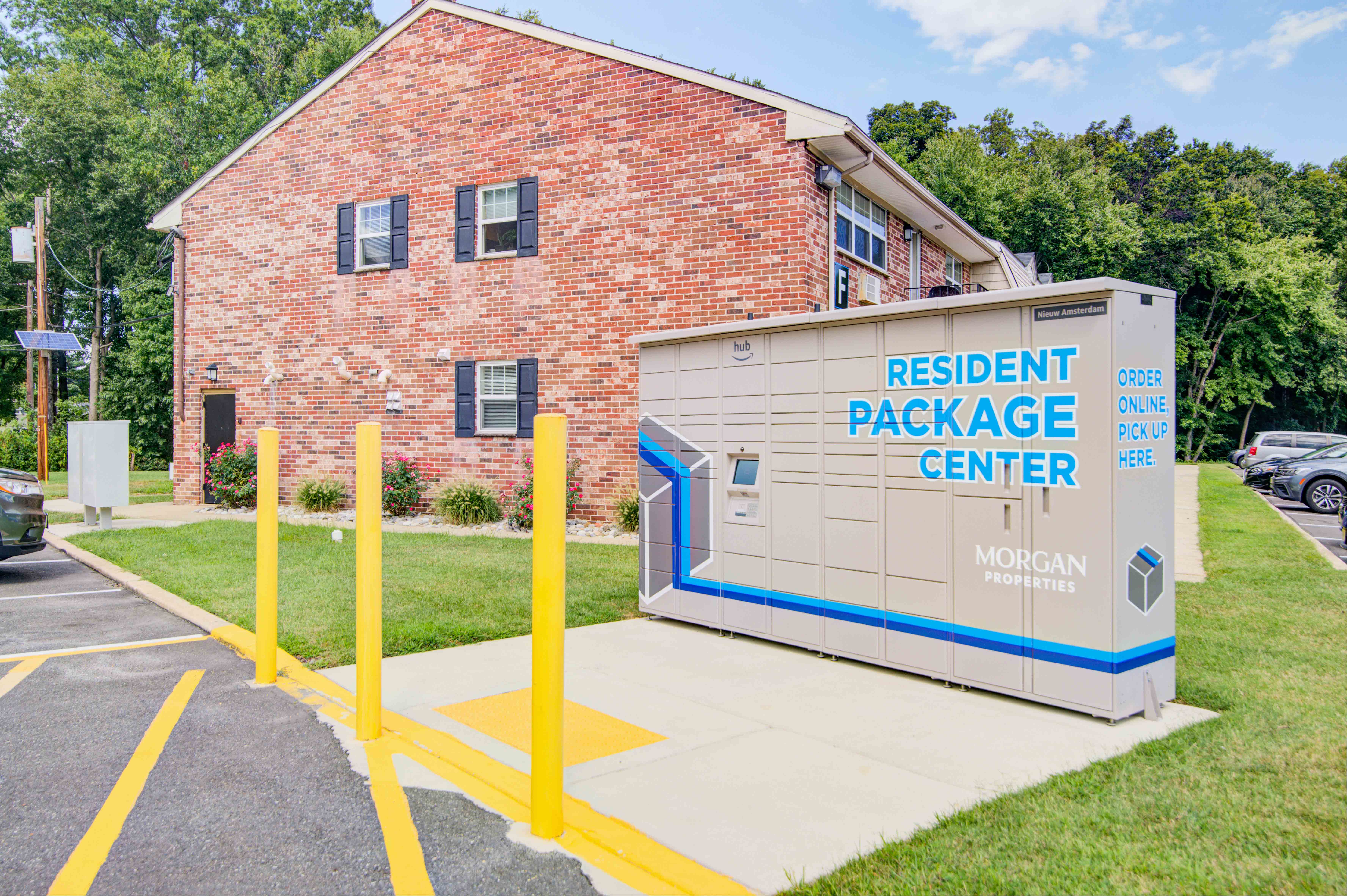 a rental package center is shown in front of a brick building
