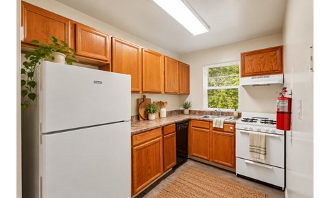 A kitchen with wooden cabinets and a white fridge.