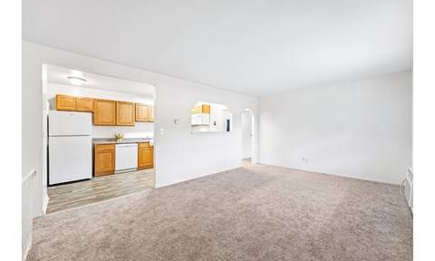 A spacious room with a kitchenette and a carpeted floor.