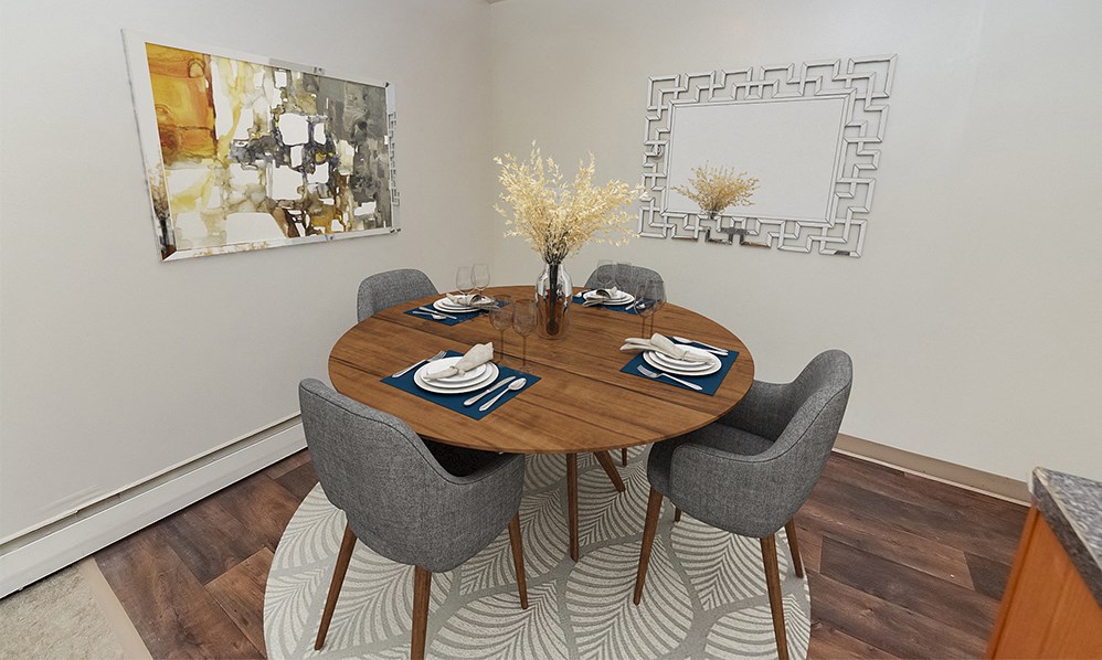 us census designated place furnished dining room with table and chairs and art on the wall