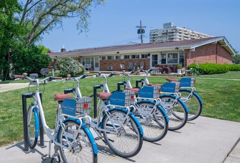 a row of blue bikes parked in front of a building