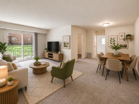 A living room with a white sofa, a green chair, a wooden coffee table, and a television.