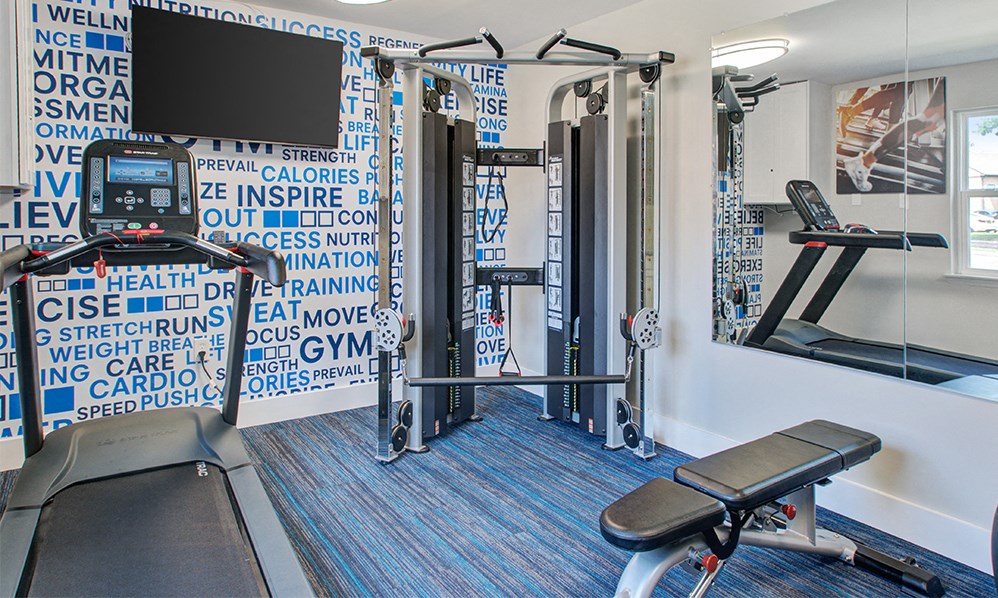 a gym with weights and cardio equipment in a room with a mirror