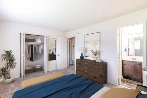 a bedroom with a bed and a dresser and a closet