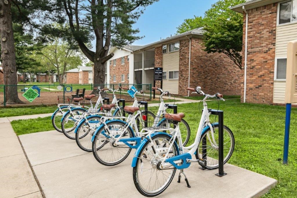 a row of bikes parked in front of a building