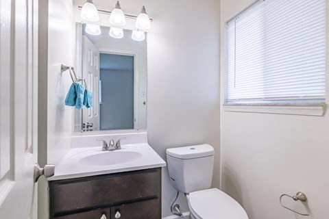 a bathroom with a sink toilet and a mirror