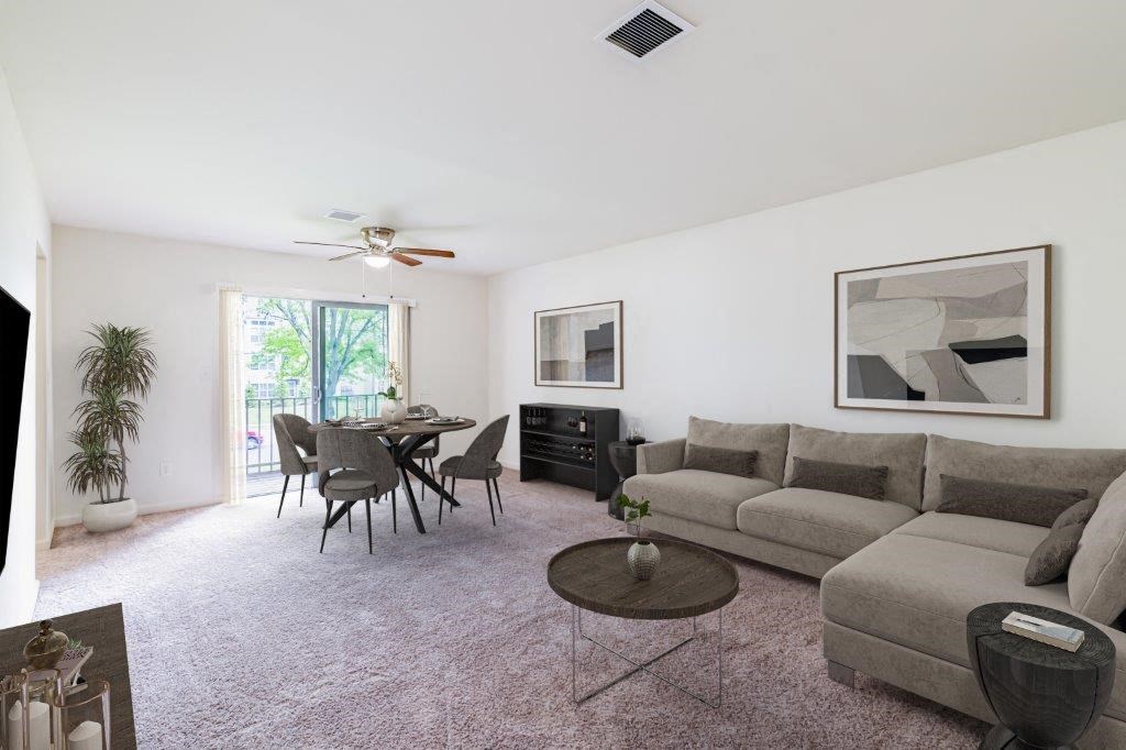 a living room with a couch and a table