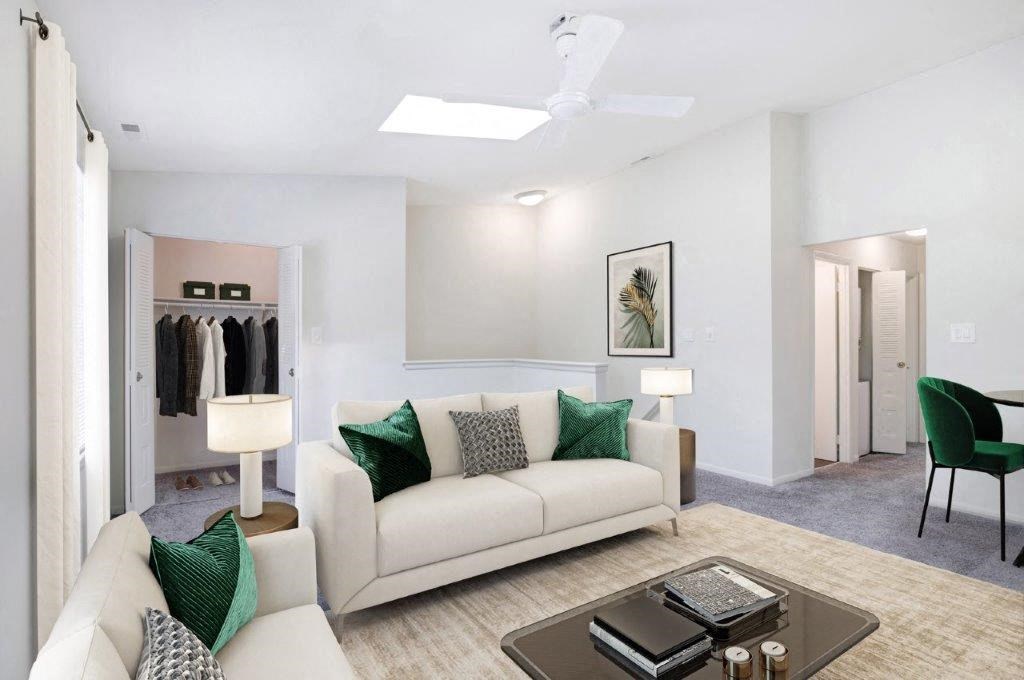 a living room with a couch and a table