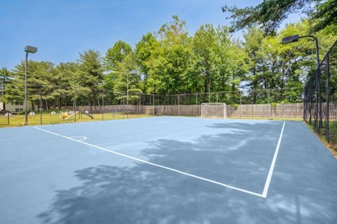 a tennis court with a fence around it and trees
