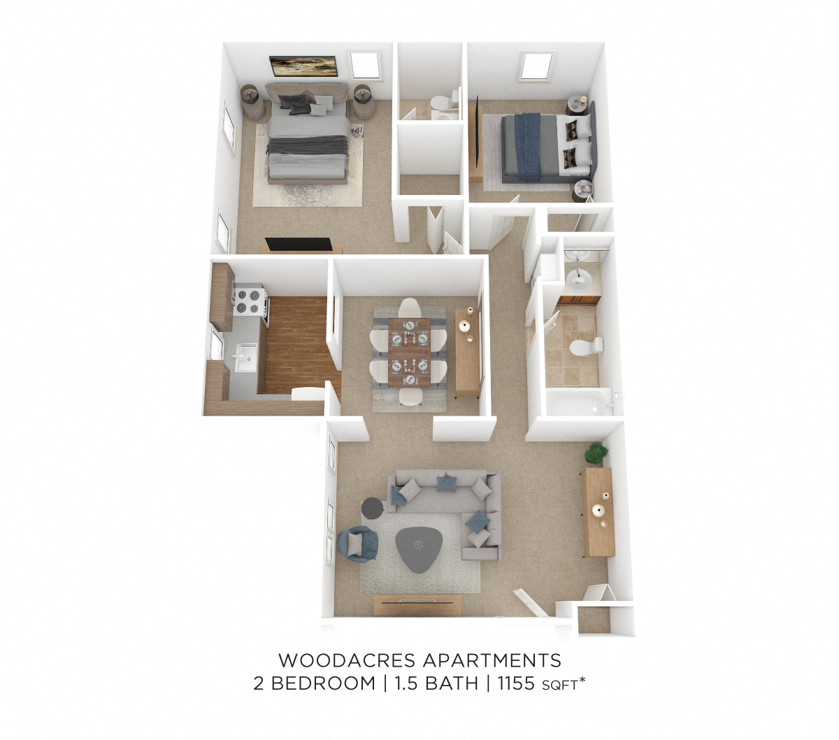 Two Bedroom 1.5 Bath - 1,000 sqft