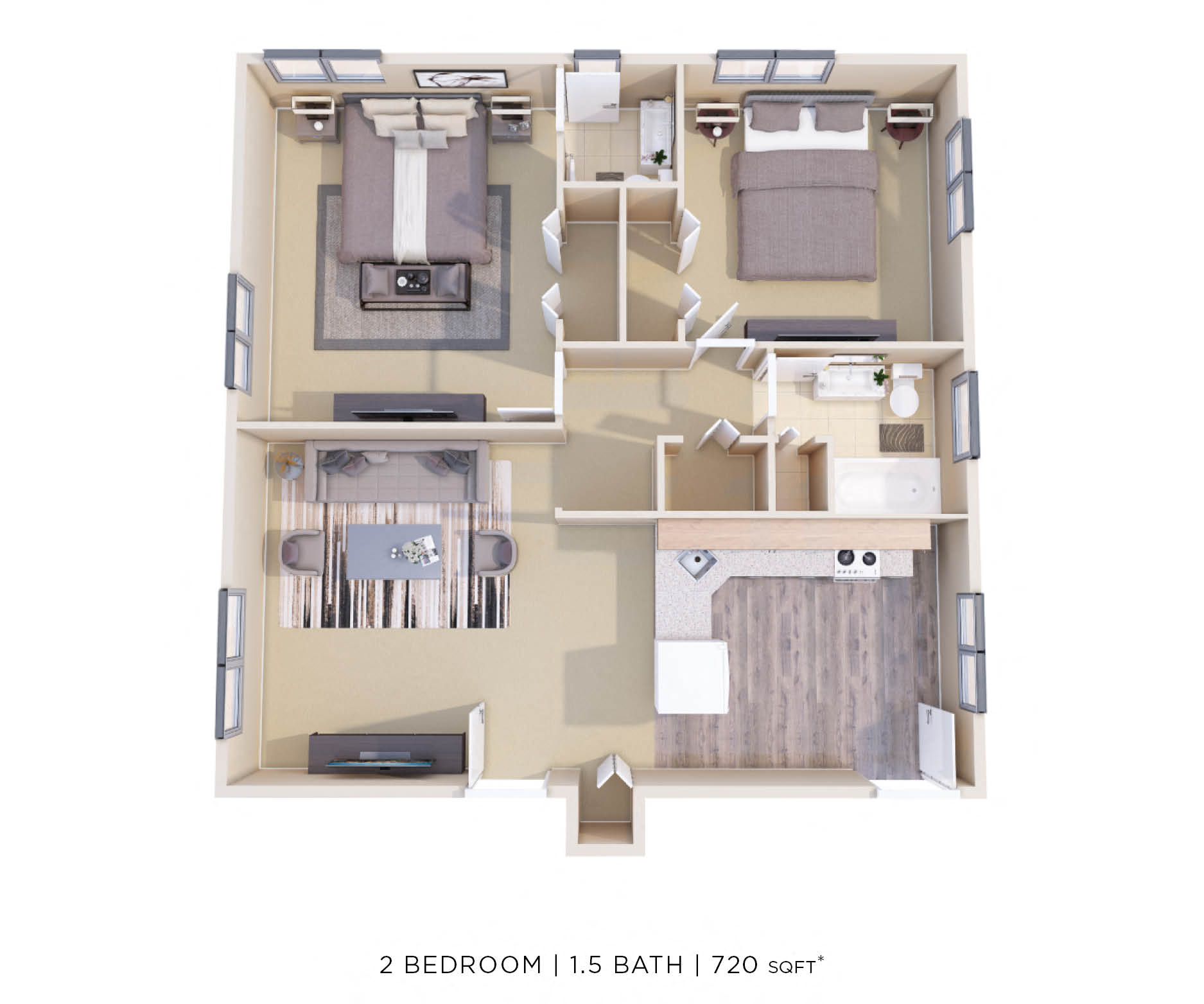 Two Bedroom 1.5 Bath - 720 sqft