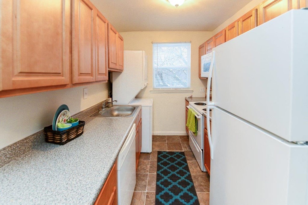 a kitchen with a white refrigerator and a sink