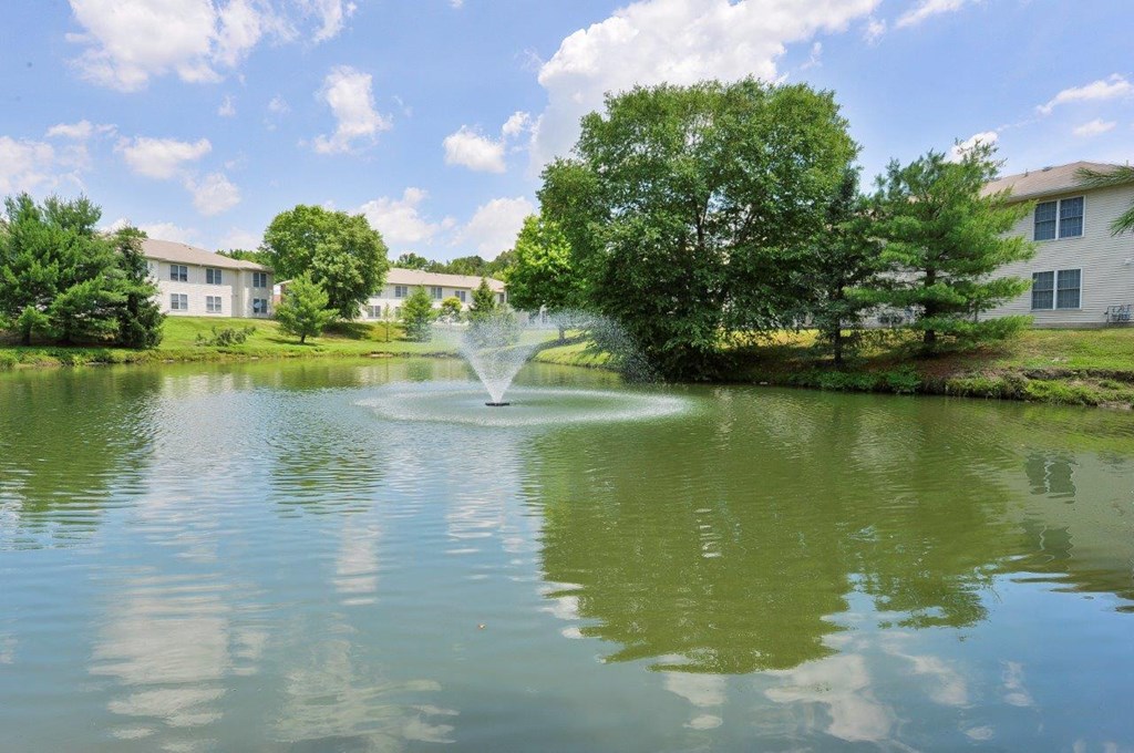 a fountain in the middle of a pond