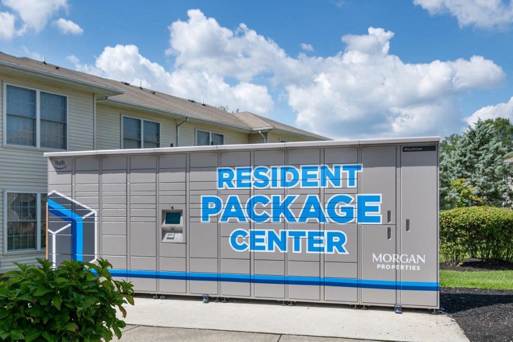 a building with a resident package center sign on it