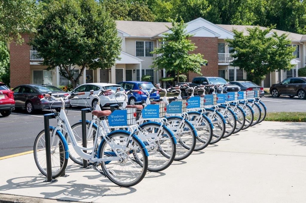 a row of blue bikes parked on a sidewalk