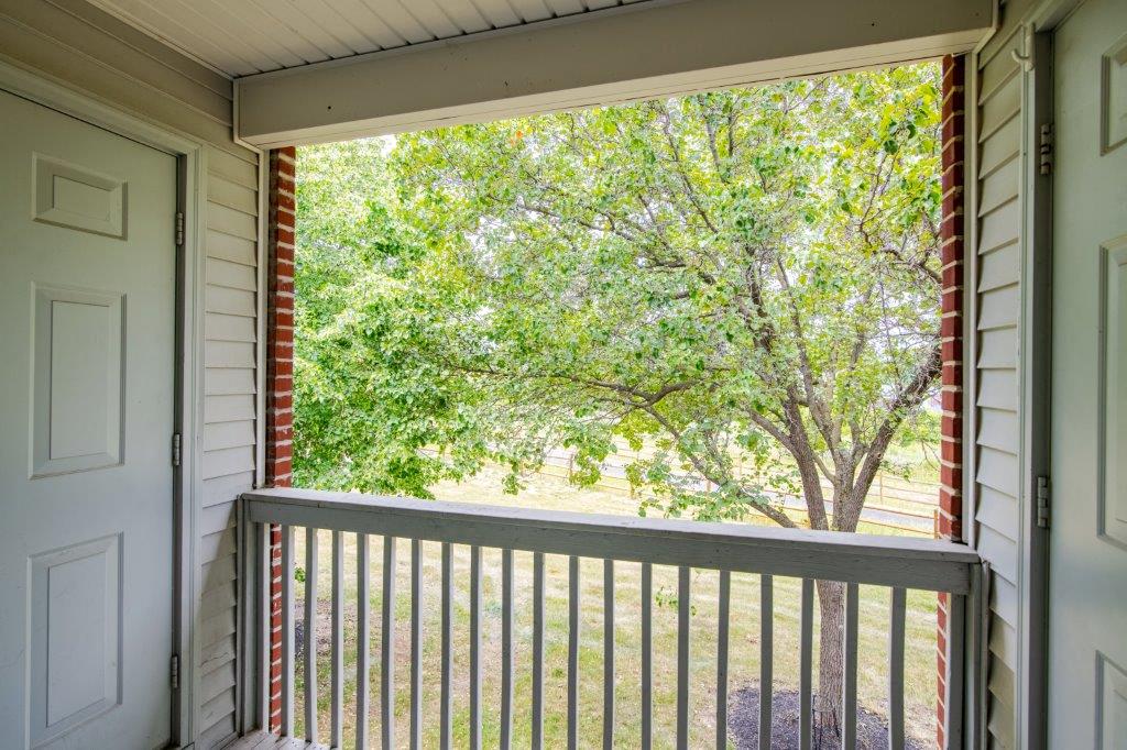 Balcony overlooking grassy area with tree