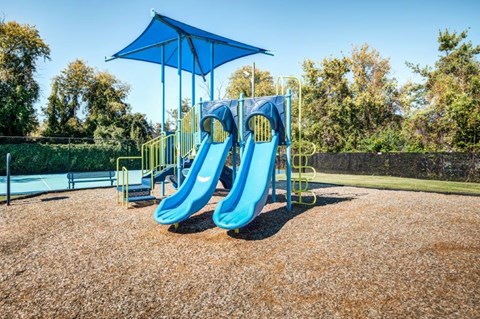 a playground with two blue slides and a blue pavilion