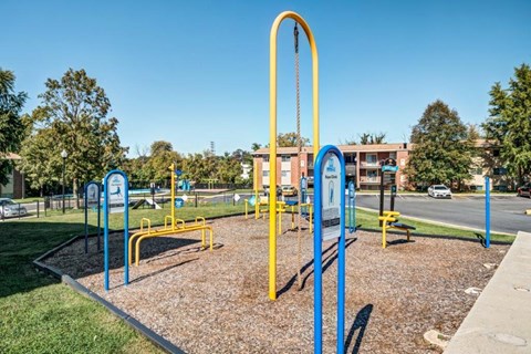 a playground at a park near a street