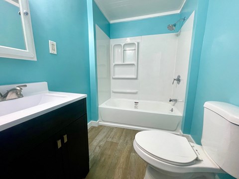 a bathroom with a toilet and a tub and a sink