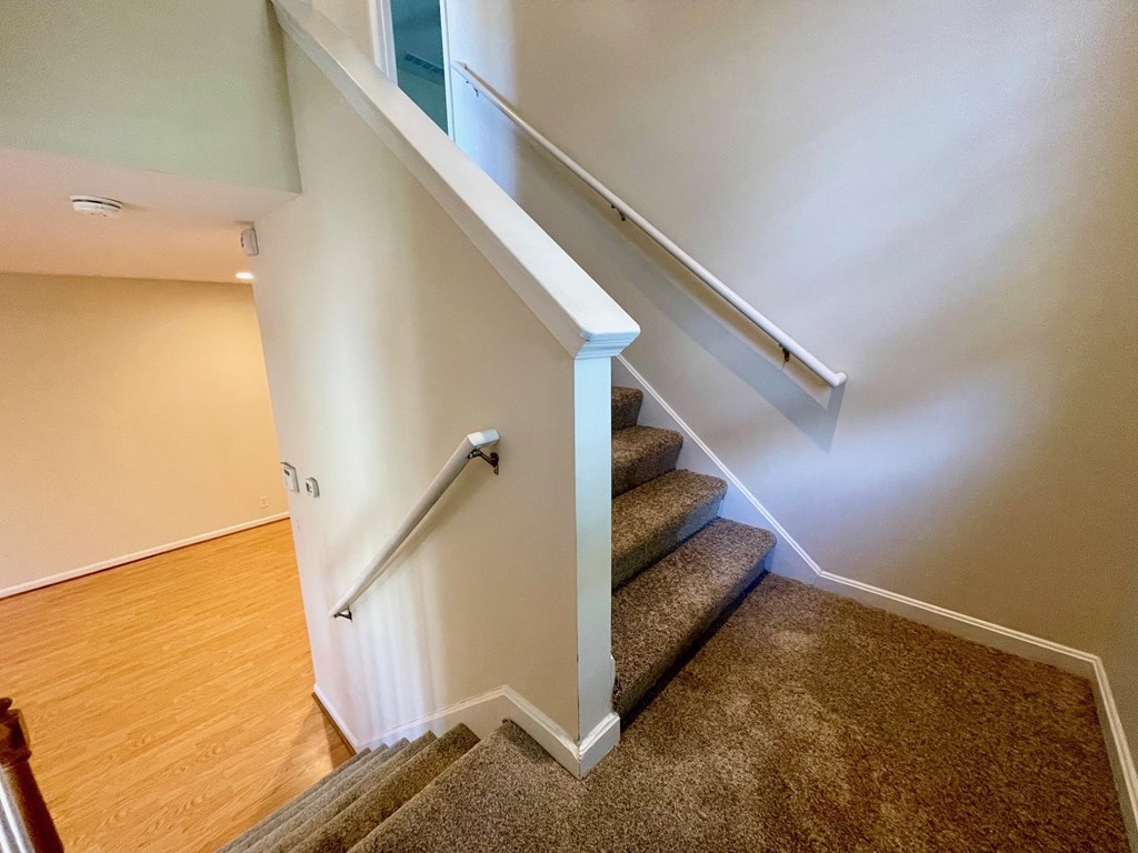 A staircase with a carpeted runner and white railings.