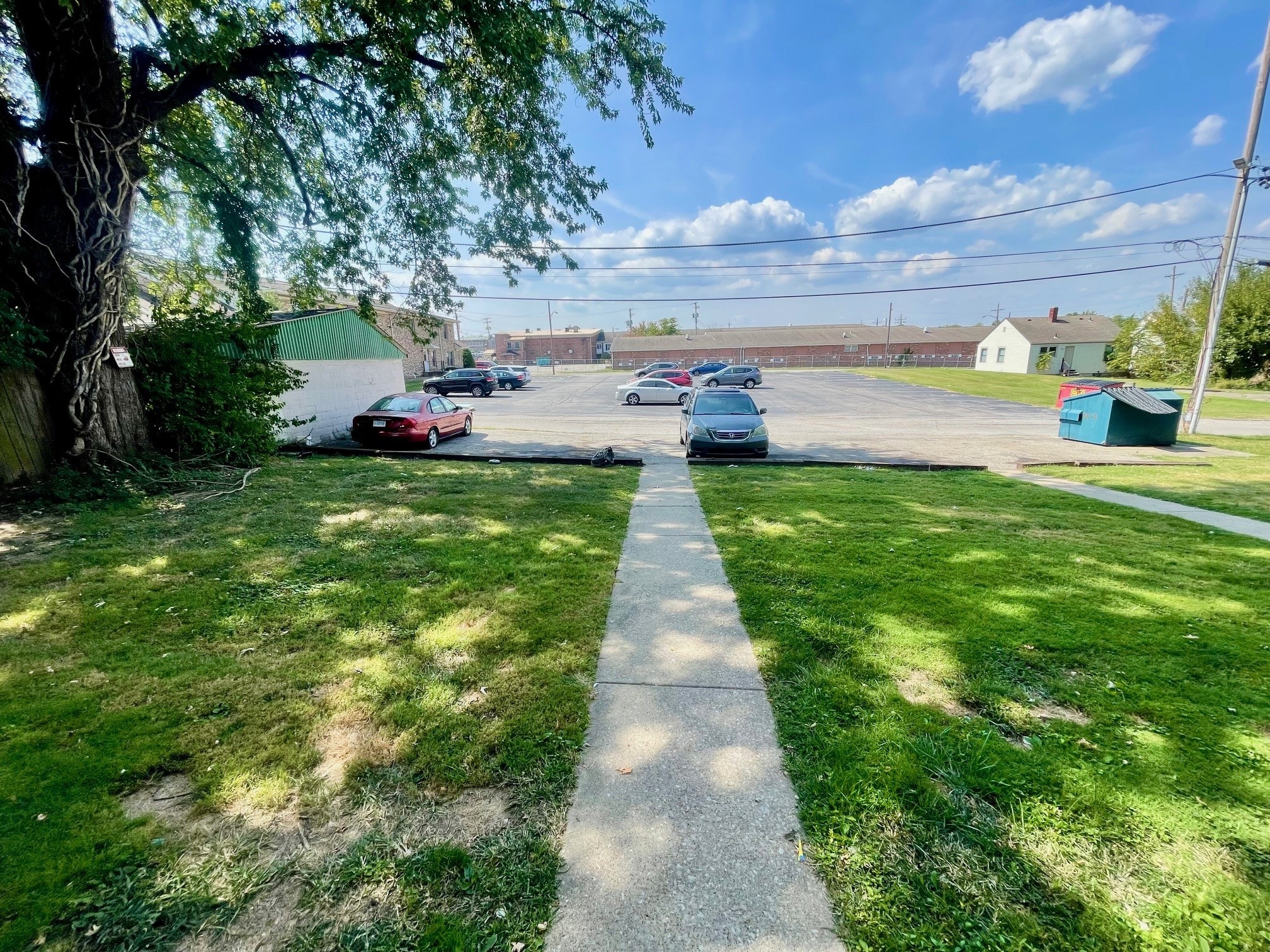 A tree-lined sidewalk with cars parked in the background.