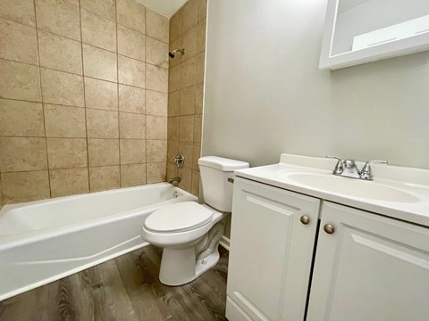A white toilet sits next to a bathtub in a bathroom.