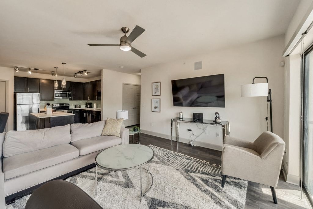 a living room with a couch and a table