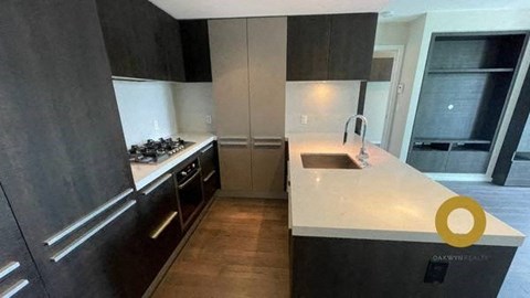 A modern kitchen with dark wood cabinets and a white countertop.