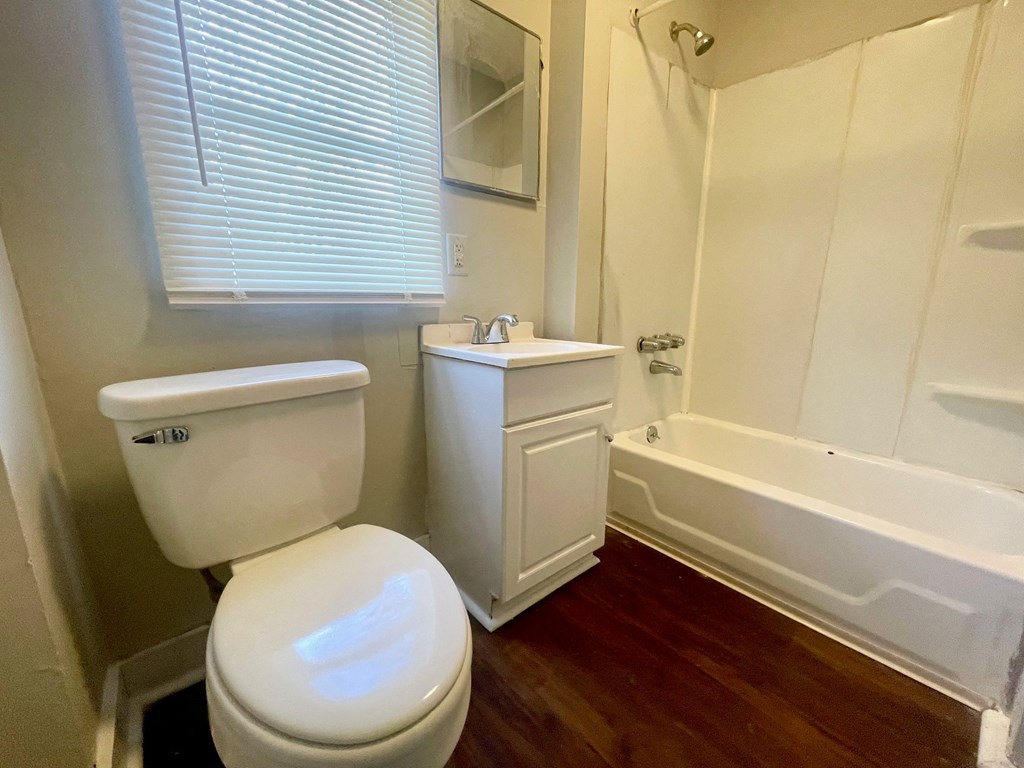 a bathroom with a toilet and a tub and a sink