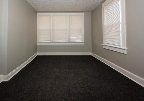 A room with a black carpet and a window with blinds.