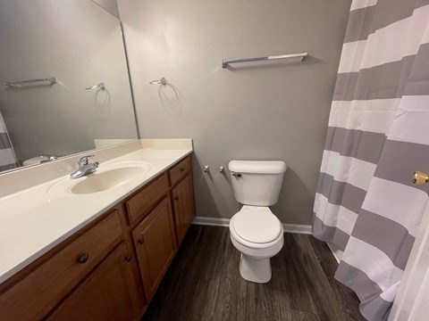 A bathroom with a toilet, sink, and mirror.