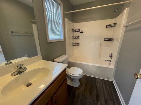 A bathroom with a toilet, sink, and a walk-in shower.
