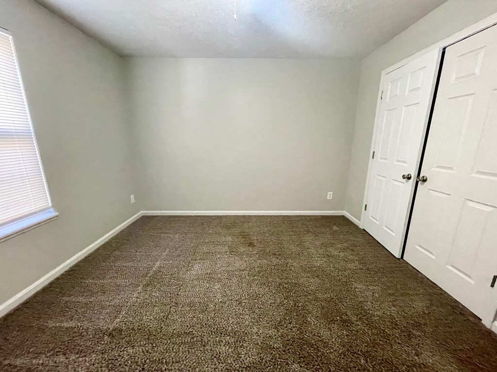 A room with a carpeted floor and two white doors.