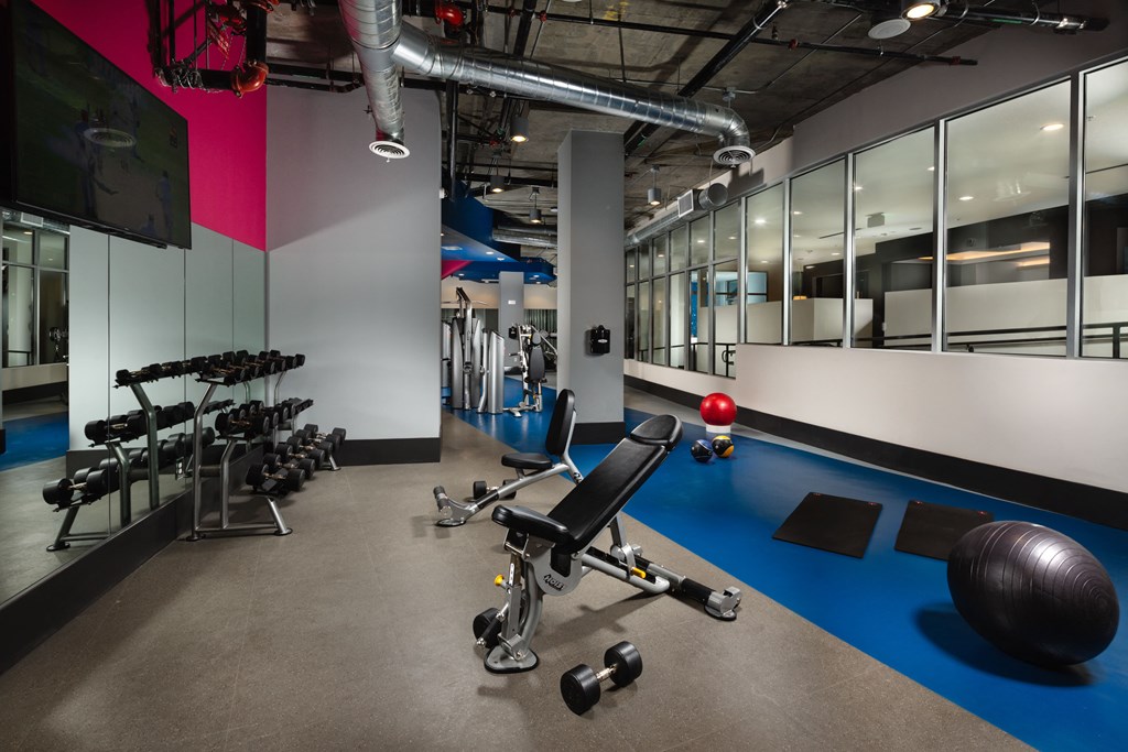 a workout room with weights and a yoga ball on a blue floor