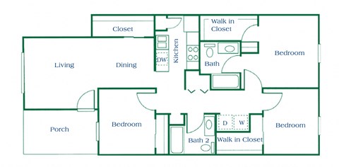 3 Bedroom floor plan at Maple Tree Apartments in LaPorte, Indiana