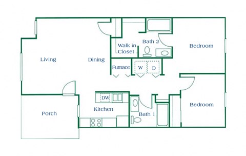 2 Bedroom floor plan at Maple Tree Apartments in LaPorte, Indiana