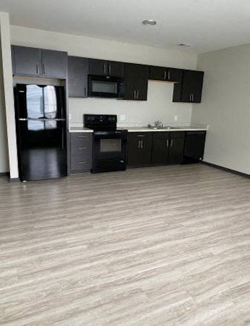 a kitchen with a wooden floor and black cabinets
