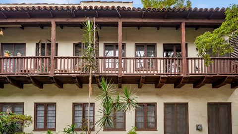 A building with a balcony and a palm tree in front.