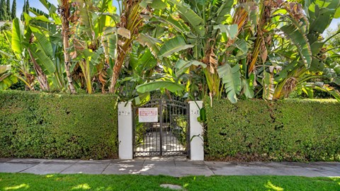 A gate with a sign that says "No Trespassing" is surrounded by greenery.