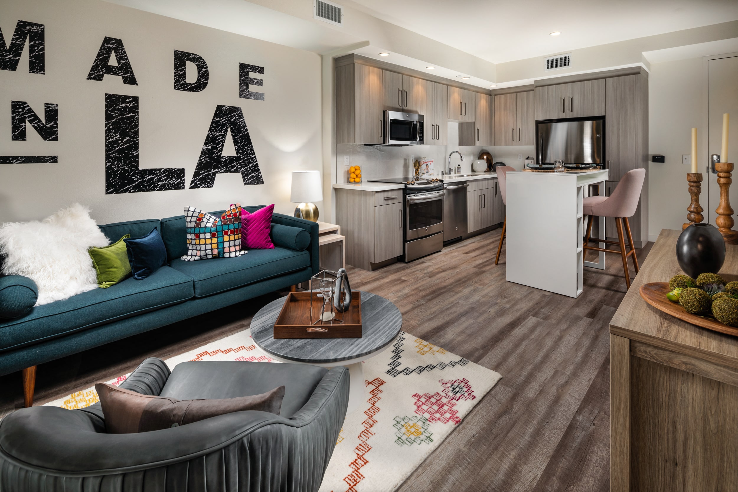 Kitchen and living room with seating