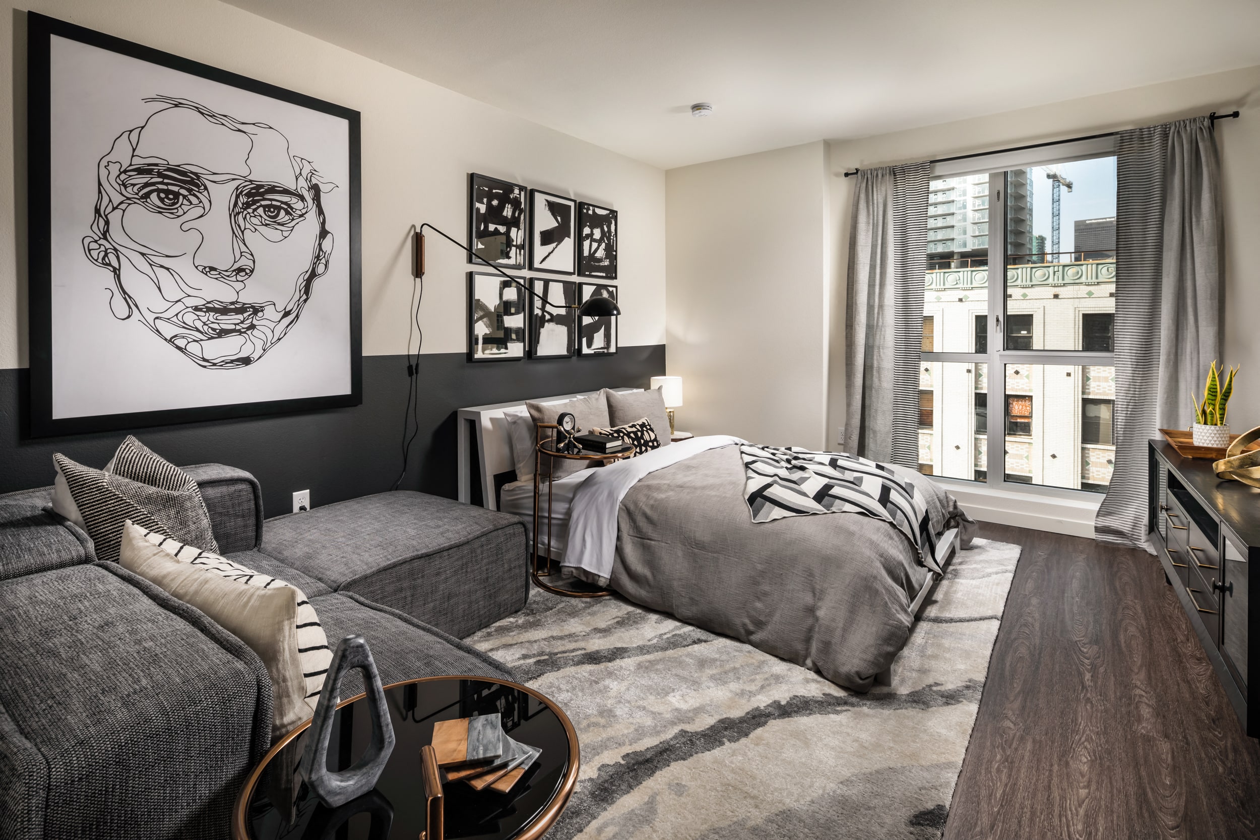 Studio living room and bedroom with large window