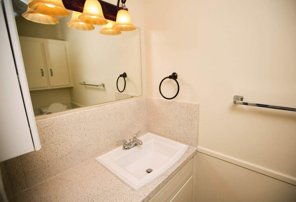 a small bathroom with a sink and a mirror