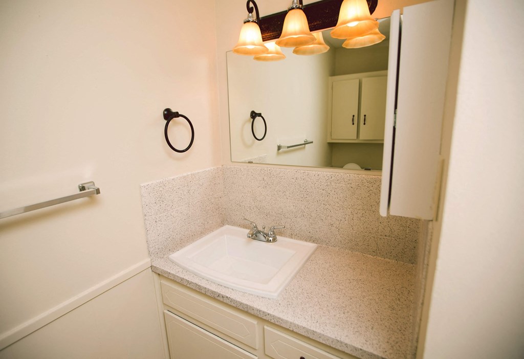 a small bathroom with a sink and a mirror