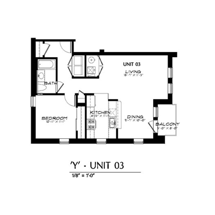 1 Bed 1 Bath Floor Plan 1