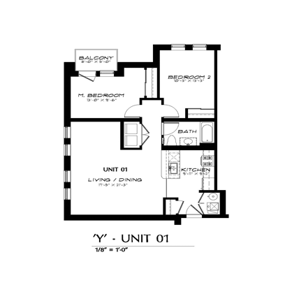 2 Bed 1 Bath Floor Plan 2