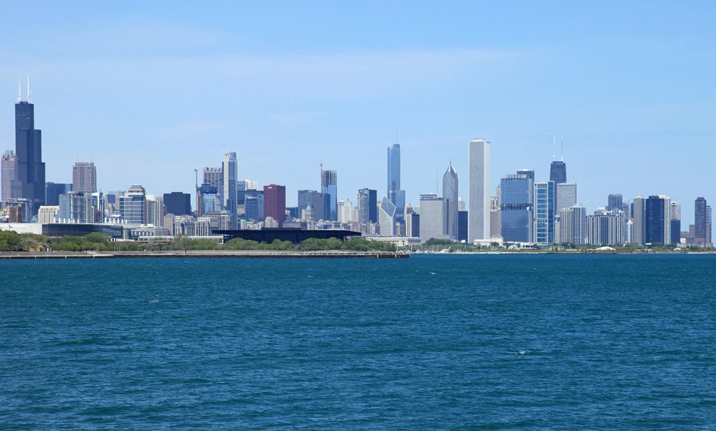 the skyline of the city from the lake